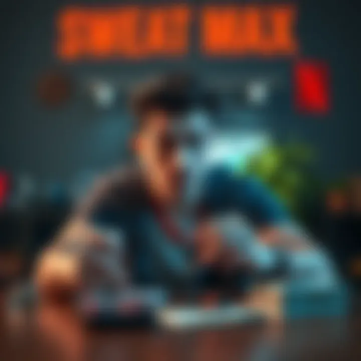 A person comparing the Sweat Max subscription cost to Netflix, looking puzzled with a calculator and bills on a table