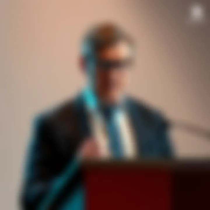 A serious-looking man speaking at a podium, criticizing the XRP token and comparing it to outdated technology like a fax machine.