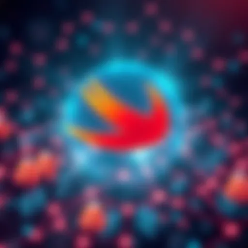 Illustration of Swift's new blockchain ledger showcasing digital transactions between banks.