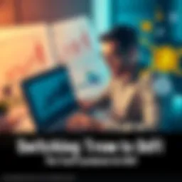 A person analyzing finance charts on a laptop, surrounded by traditional finance documents and modern cryptocurrency symbols, representing the shift from TradeFi to DeFi.