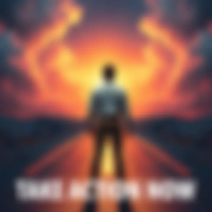 A person standing confidently at a crossroads, looking towards bright opportunities ahead with a determined expression.