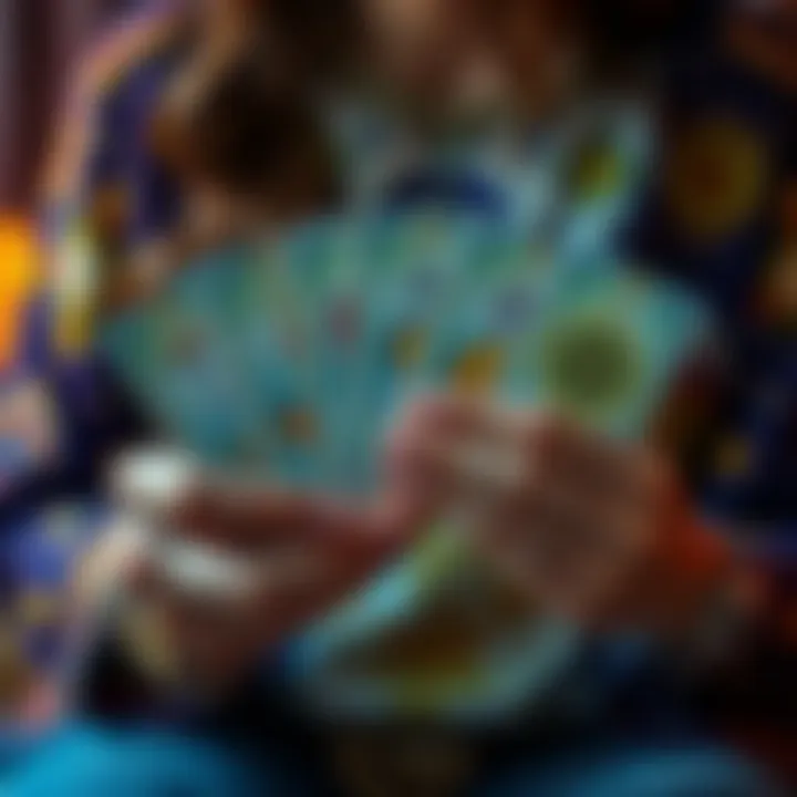 Tarot Card Reading A person holding tarot cards with mystical symbols, offering readings for relationships and connections.