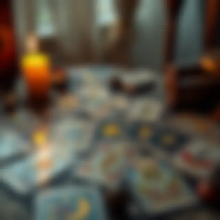 Tarot Cards Spread A spread of tarot cards on a table with a glowing candle nearby, inviting people to seek guidance.
