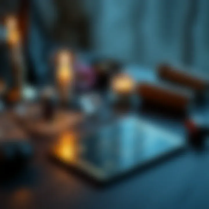 A set of tarot cards displayed on a table with a candle and crystals