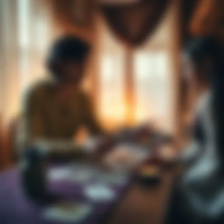 An experienced tarot reader giving a personalized reading to a client, with tarot cards laid out on a table.
