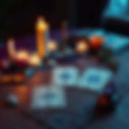 A tarot card spread with three cards laid out on a table, inviting people to engage in a free reading, candles and crystals nearby, creating a mystical atmosphere.