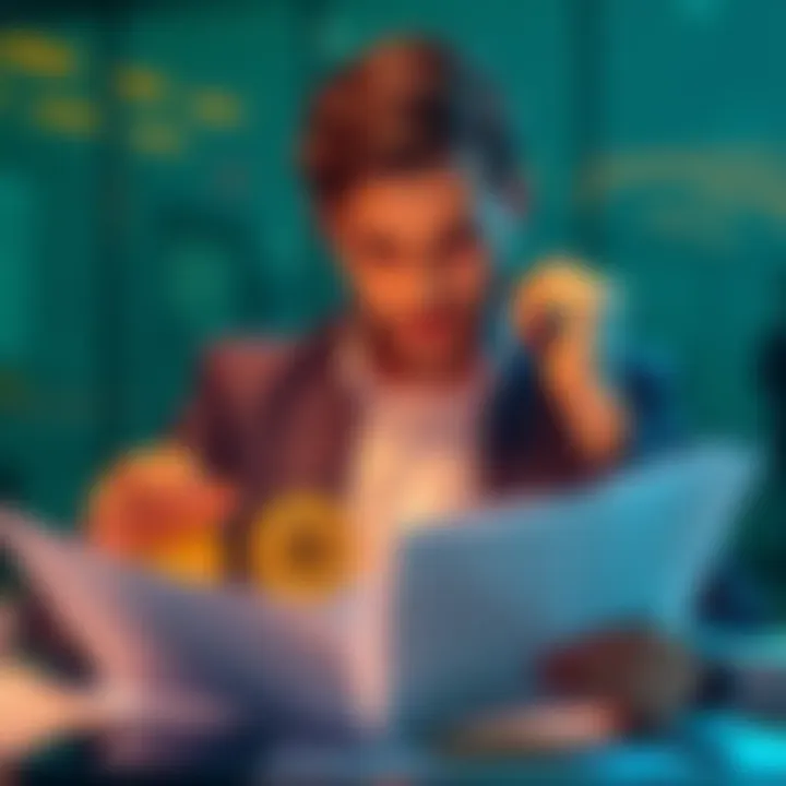 A thoughtful individual reviewing tax documents with Bitcoin icons