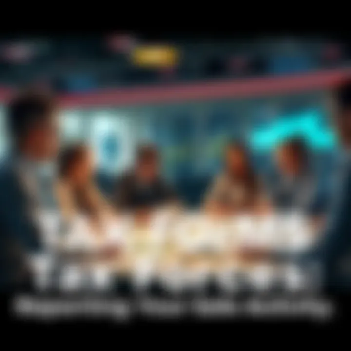 A group of people discussing tax forms and sales reporting, with documents and charts on a table.