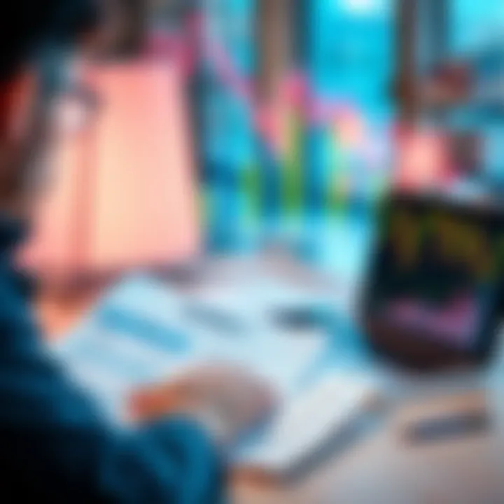 A person reviewing tax documents alongside a laptop and financial charts, focusing on Koinly tax filing requirements.