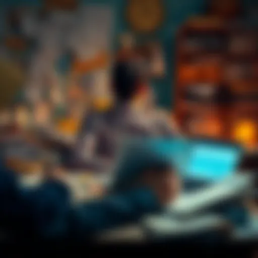 A person sitting at a cluttered desk surrounded by papers, looking overwhelmed while working on tax software, with a laptop displaying tax calculations.