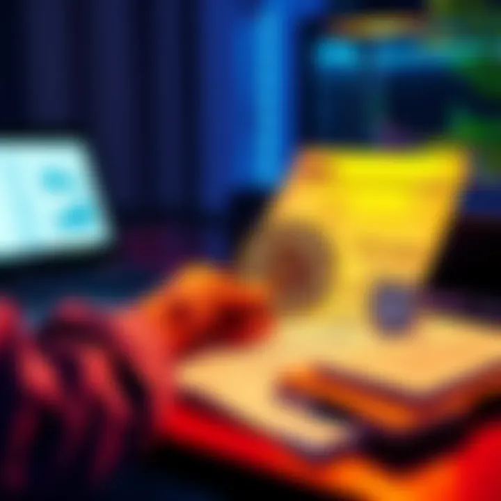 A person reviewing Bitcoin transaction records and tax documents at a desk.