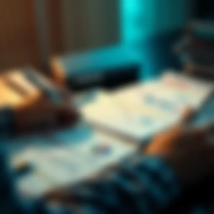 Person organizing tax documents with stock and crypto charts on the table