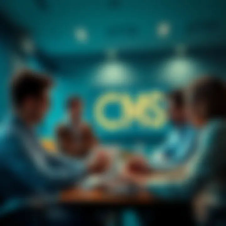 A group of professionals collaborating on a CMS project, analyzing strategy and tools in a meeting room.