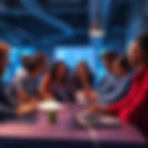 A group of diverse individuals discussing ideas and planning for a hackathon. Laptops and notes are on the table, showing brainstorming in action.