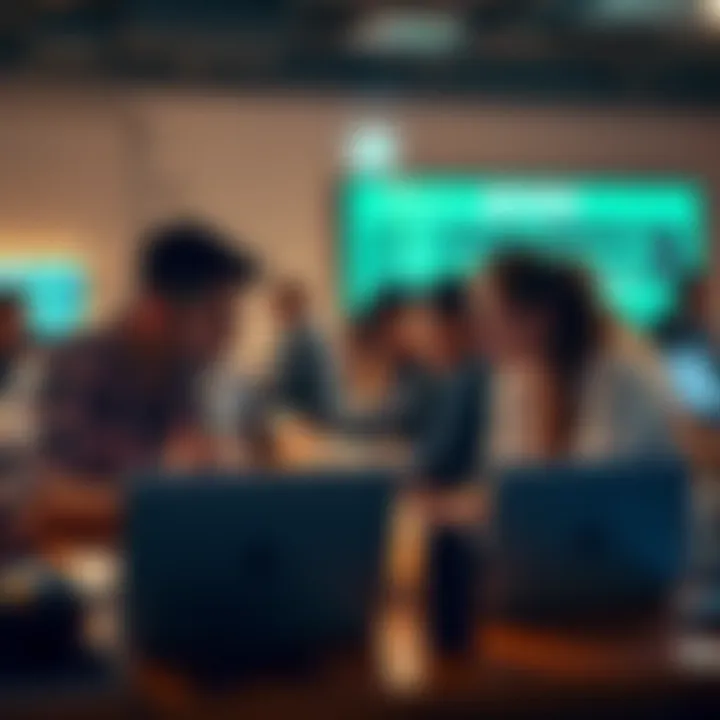 A diverse group of people working together on laptops, brainstorming ideas and coding during a hackathon event