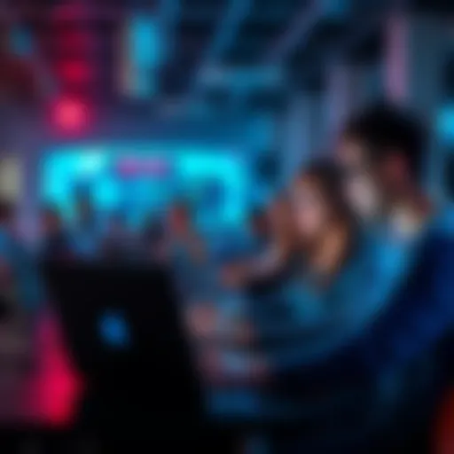 A group of people working together on laptops, focused on developing an AI project for a hackathon.