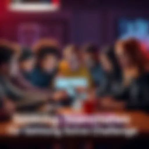 A group of diverse people brainstorming together over laptops at a table, focused on solving challenges