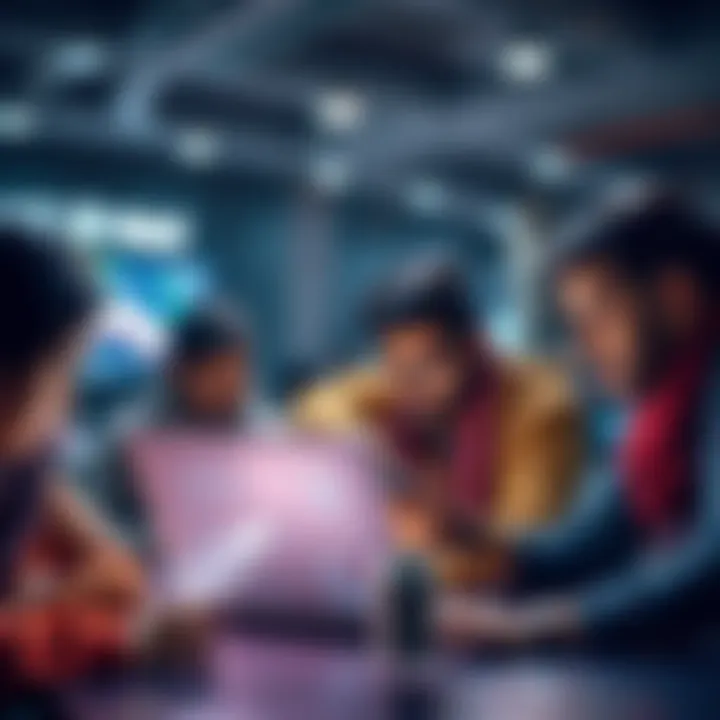 A group of people collaborating on a laptop, discussing data analysis for UIDAI Data Hackathon 2026.