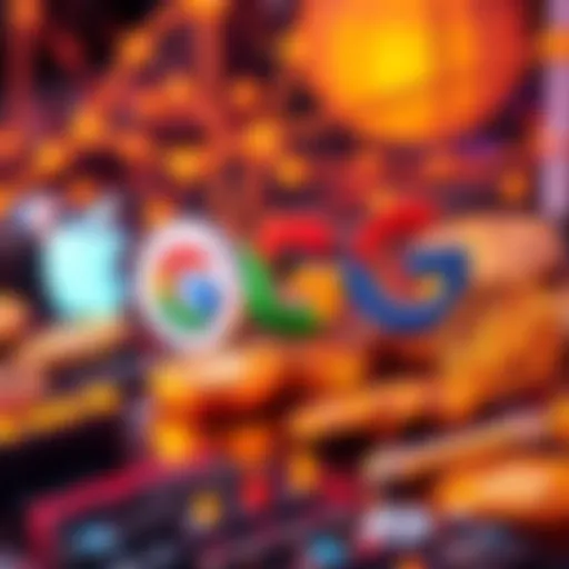 Illustration depicting major tech logos like Apple and Google alongside digital tokens and currency symbols, representing the potential launch of their own cryptocurrencies.