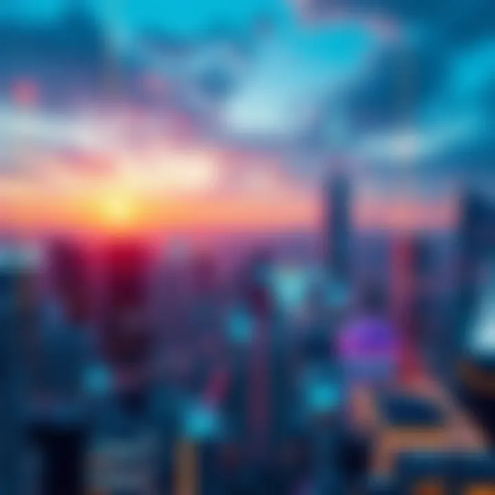 Technology Beyond AI and Blockchain A futuristic city skyline with digital elements representing advancements after AI and blockchain, showcasing innovation and growth.