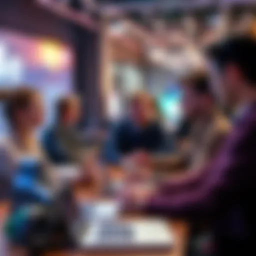 Group of software developers engaging in discussion at a tech meetup in Folkestone, showcasing laptops and collaboration tools.