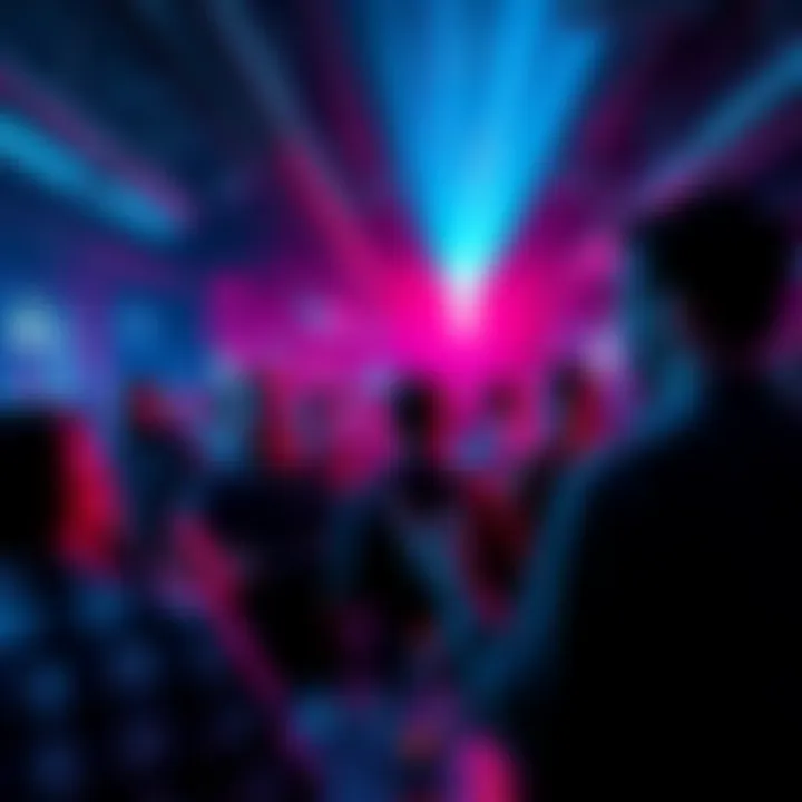 A group of men enjoying a techno music event in a dark, industrial setting with neon lights and a lively atmosphere.