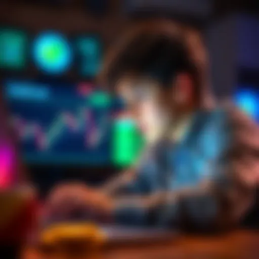 A 14-year-old looking at cryptocurrency trends on a laptop, pondering investment decisions with a thoughtful expression.