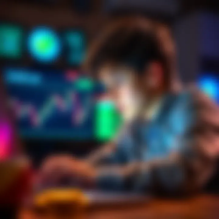 A 14-year-old looking at cryptocurrency trends on a laptop, pondering investment decisions with a thoughtful expression.