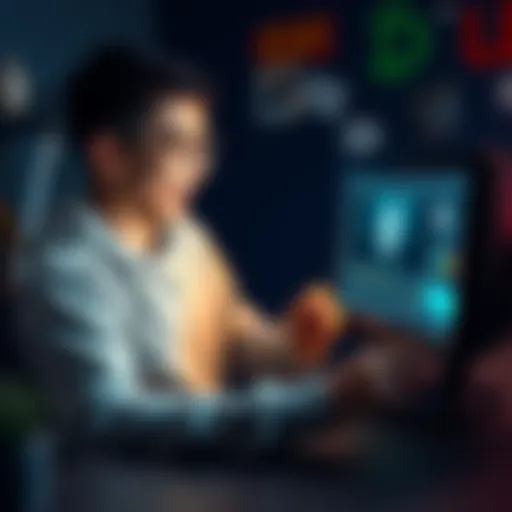 A teenage boy excitedly purchasing Ethereum online with a computer and cryptocurrency website on the screen.