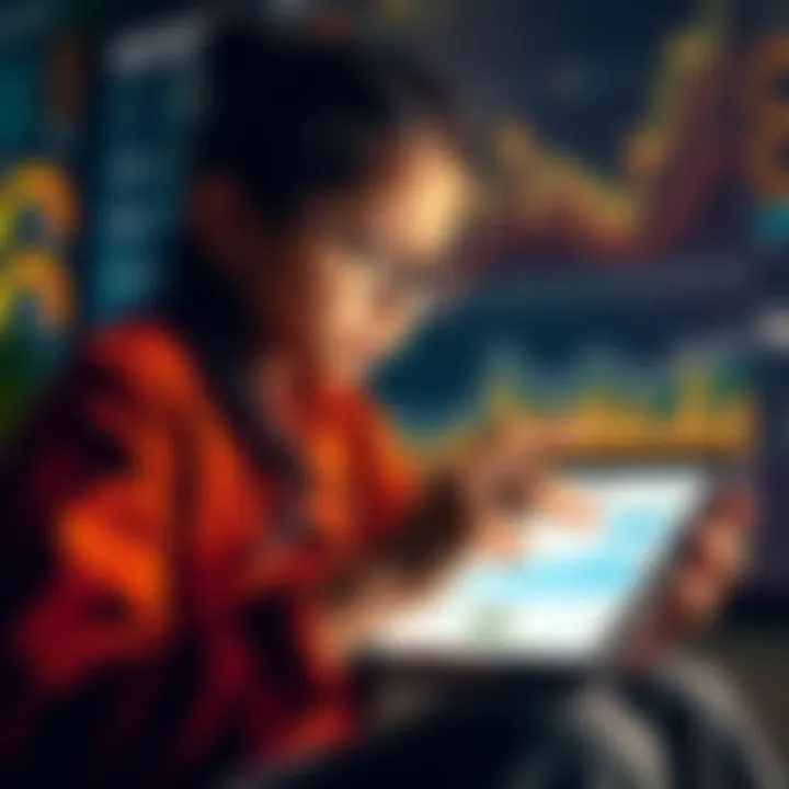 A 17-year-old girl reviews her investment portfolio on a tablet, showing positive growth from the Raiz app, with charts and graphs in the background.