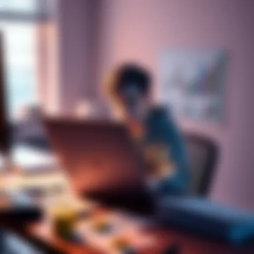 A teenager sitting at a desk with a laptop, analyzing cryptocurrency gains and tax rules, surrounded by charts and financial documents