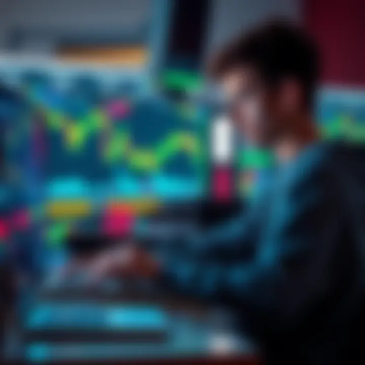 A teenager sitting at a desk with a laptop, looking at cryptocurrency charts and wallets, showing interest in trading without traditional verification, with digital coins displayed on the screen.