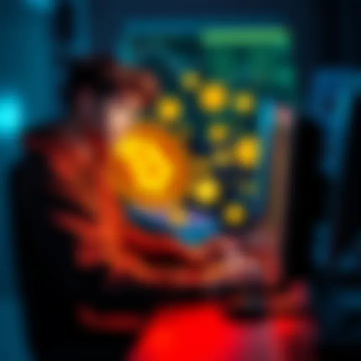 A teenager sitting at a computer, looking for ways to earn Bitcoin online through creative methods, with digital currency symbols on the screen.