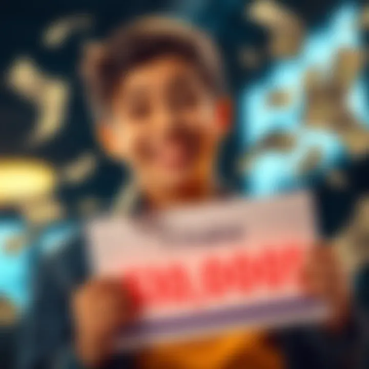 A 15-year-old teen joyfully holding a sign that reads 'I made $10,000!' with dollar bills around them, symbolizing financial achievement.