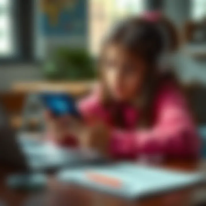 Teenager using a smartphone to troubleshoot app issues A 16-year-old girl looking frustrated while navigating an app on her smartphone, surrounded by notes and a laptop for support.