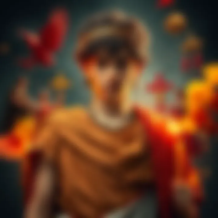 A young emperor wearing a traditional Roman toga, surrounded by symbols of chaos and change, such as vibrant colors and contrasting religious symbols, reflecting his controversial reign.