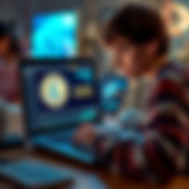 A teenager using a laptop to purchase Litecoin with a digital wallet on the screen