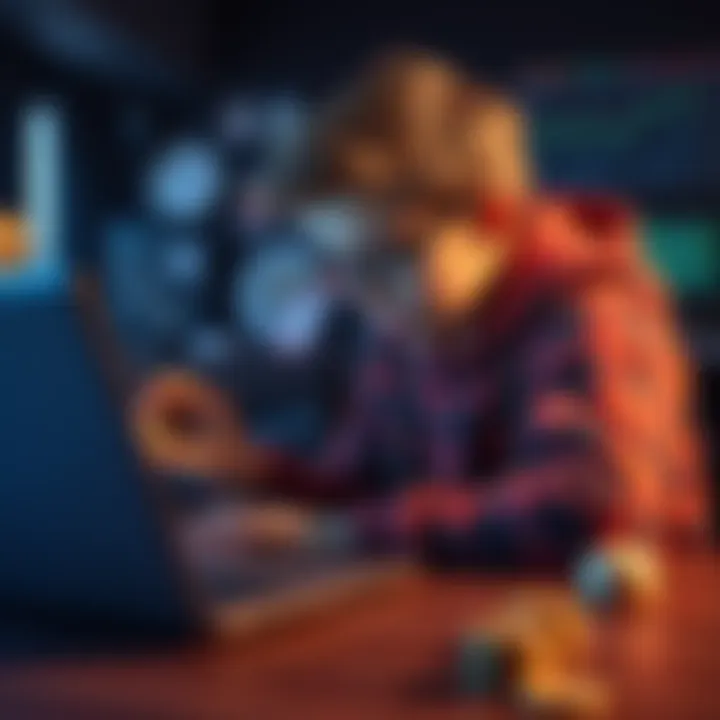 A 16-year-old Serbian teenager researching cryptocurrency options on a laptop, looking interested and focused.