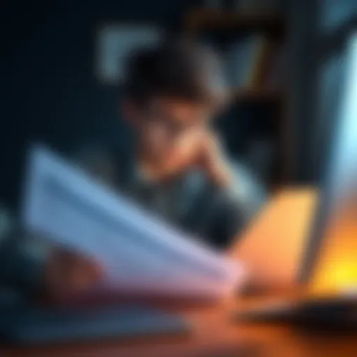 A 17-year-old boy sits at a desk, looking worried while reviewing financial documents related to cryptocurrency investments.