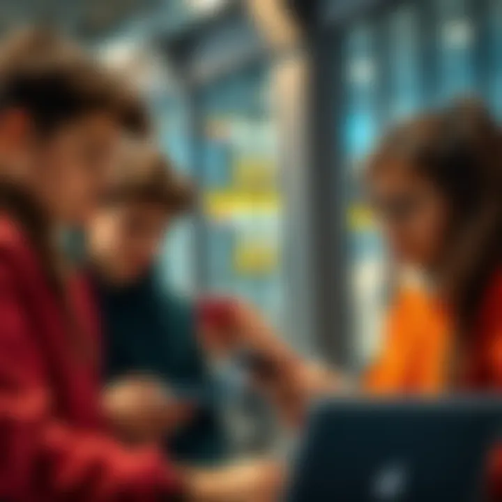 A group of teenagers discussing cryptocurrency options on their phones and laptops.