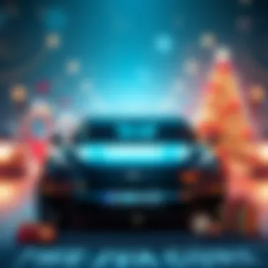 Graphic showing a Tesla car and prizes like Bitcoin with festive decorations for a giveaway event