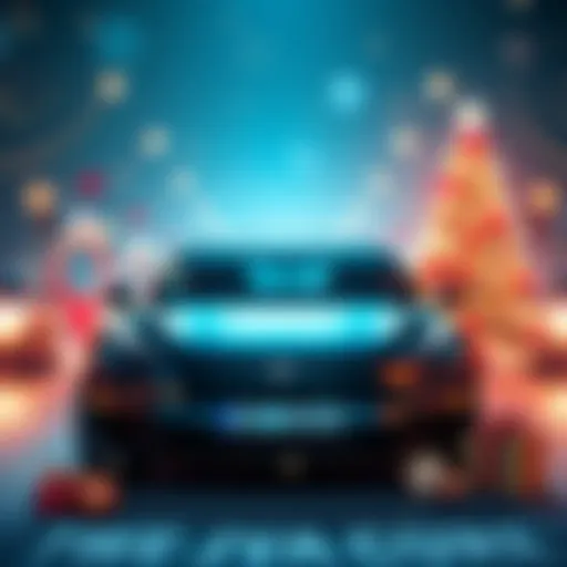 Graphic showing a Tesla car and prizes like Bitcoin with festive decorations for a giveaway event