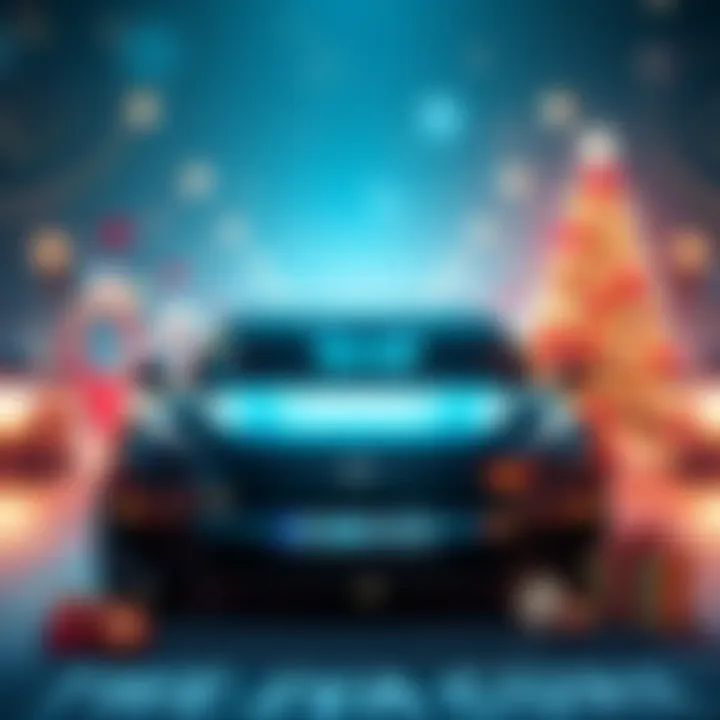 Graphic showing a Tesla car and prizes like Bitcoin with festive decorations for a giveaway event