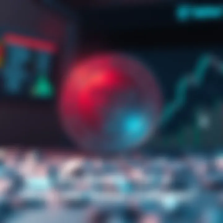 Illustration of Tether coin with a downward trend graph and worried crypto traders in the background