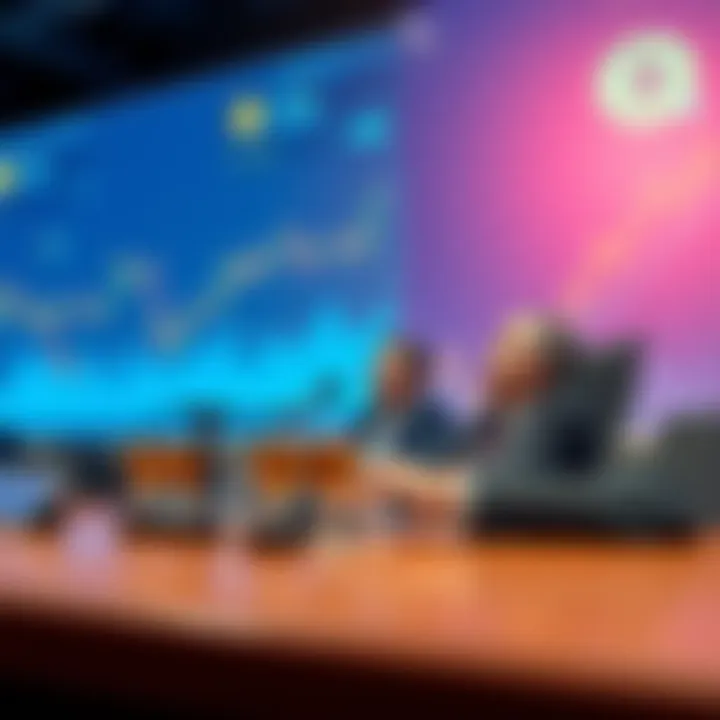 A Tether executive speaking at a meeting about the new $100 million crypto political action committee, with charts and logos of cryptocurrency in the background.