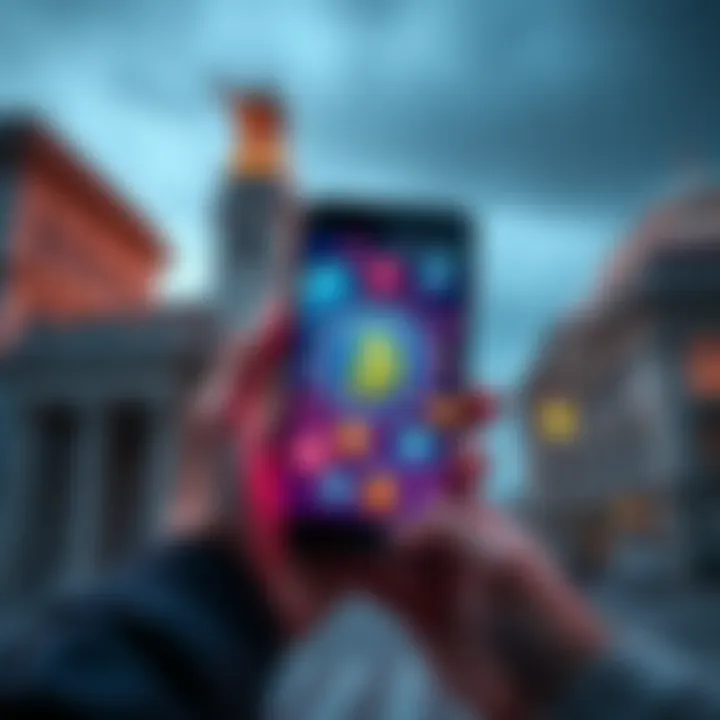 A person holding a smartphone displaying Tether and cryptocurrency symbols, with a backdrop of traditional bank buildings