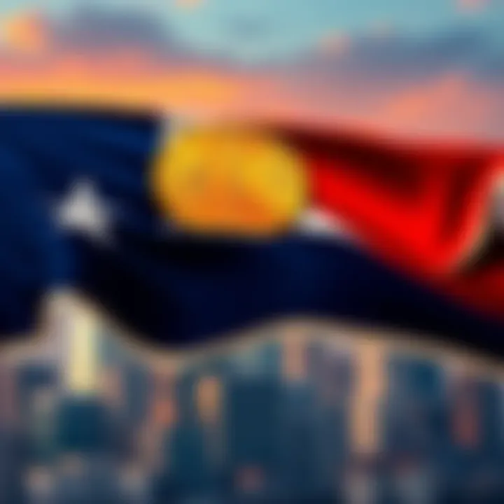 Texas state flag with Bitcoin symbol in front of a skyline