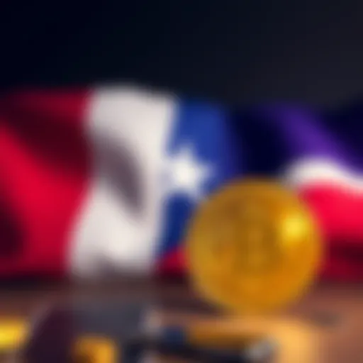 Texas state flag and Bitcoin symbol with BlackRock logo in the background