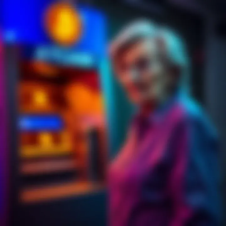 Texas woman near Bitcoin ATM An 85-year-old woman standing in front of a Bitcoin ATM with a worried expression, showcasing the potential danger of scams targeting seniors.