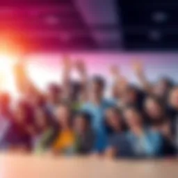 Group of diverse individuals celebrating their contributions to the Tezos community with smiles and creative expressions.